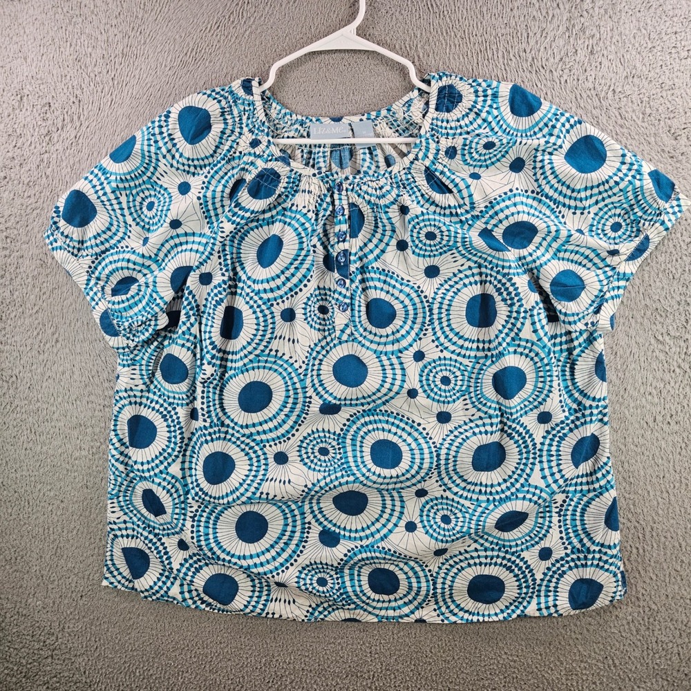 Liz & Me Women 1X Blue White Medallion Print Cotton Short Sleeve Blouse Top